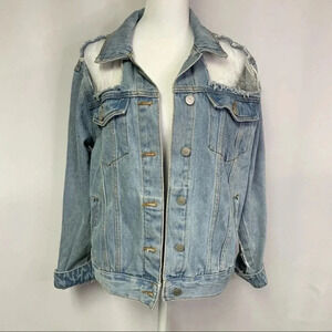 Pull & Bear Mesh Distressed Light Wash Denim Jean Jacket S